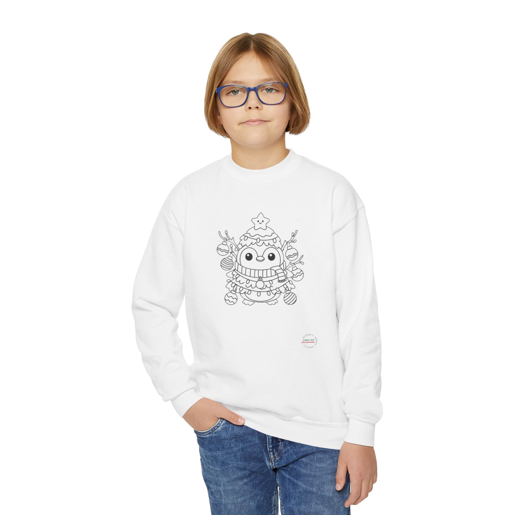 Youth Coloring Sweatshirt — Cute Holiday Festive Penguin