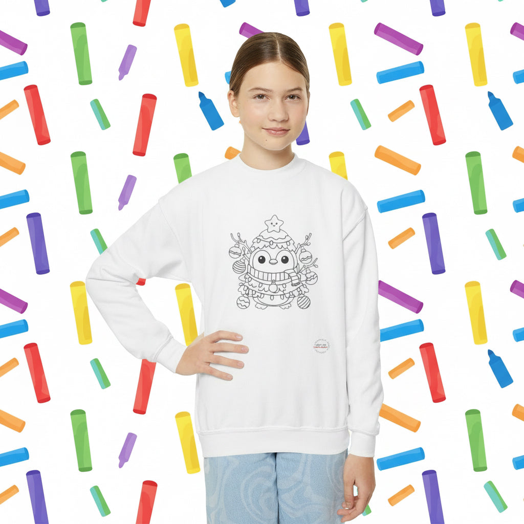 Youth Coloring Sweatshirt — Cute Holiday Festive Penguin